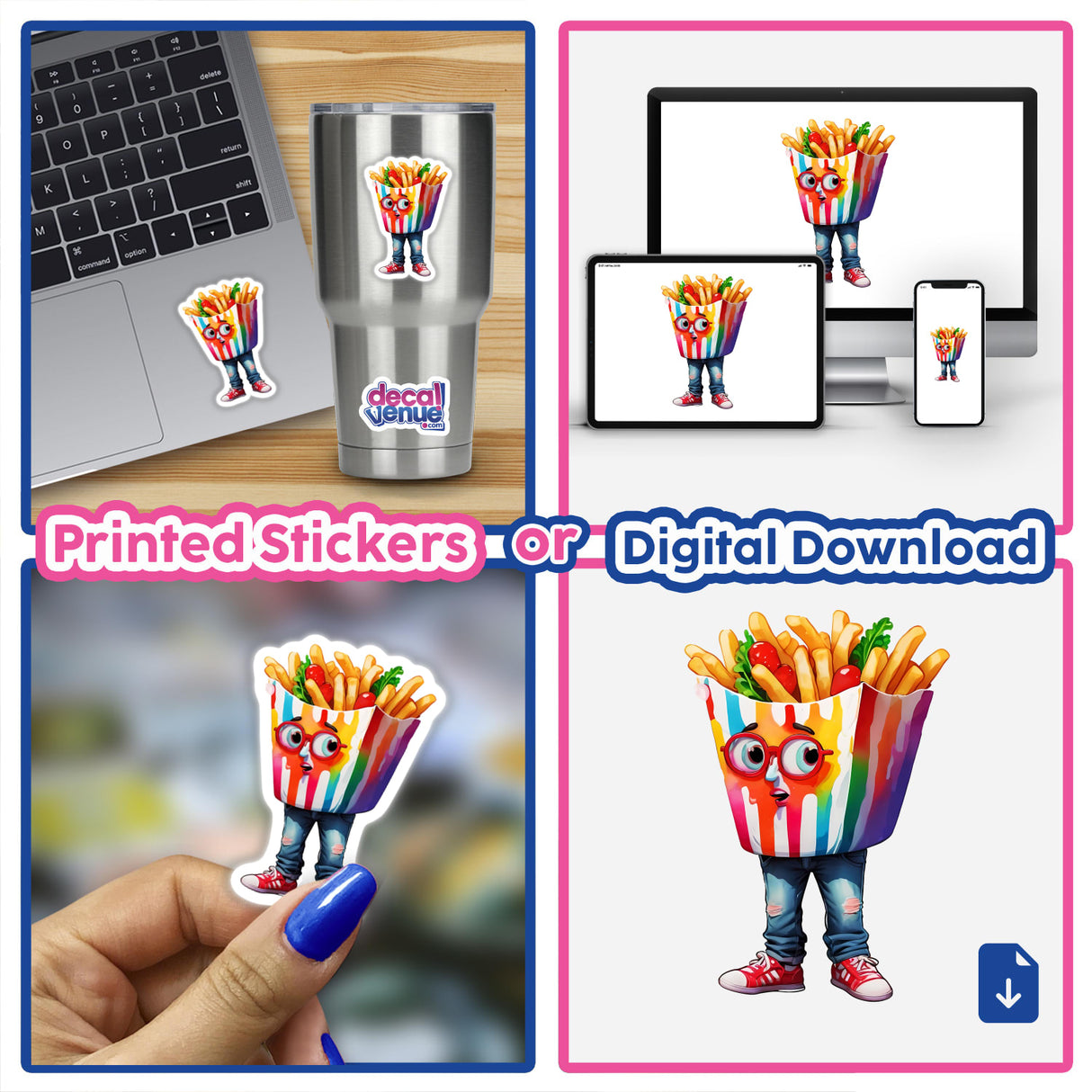 Sticker Design: Hilarious French Fry Head Character featuring a cartoon person with a food container on their head, available as stickers or digital artwork.