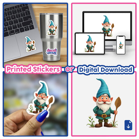 Whimsical Garden Gnome Illustration - Stickers or Commercial Rights Download, featuring various images of a cartoon gnome holding a leaf, available as stickers or digital artwork.