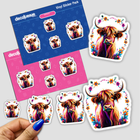 Colorful floral highland cow digital artwork on sticker pack, featuring a vibrant and expressive depiction of a highland cow decorated with flowers against a white background.