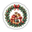 Wrapped Presents in a Christmas Wreath digital artwork, featuring a festive arrangement of gifts with bows, ideal for holiday crafts, available as stickers or digital download from Decal Venue.