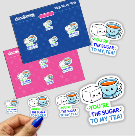 You're The Sugar To My Tea Funny Love Quote sticker featuring cartoon characters of a teacup, marshmallow, and sugar cube, available as vinyl stickers or digital artwork.