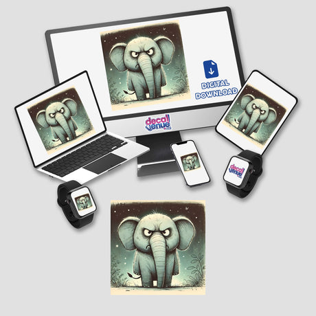 Grumpy elephant design displayed on a computer monitor and laptop. Available as stickers or digital artwork.