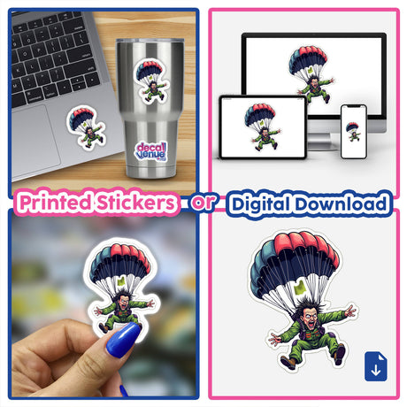 Collage featuring 'Paraquedista Muito Doidão' stickers: a person parachuting, a cartoon parachutist, a laptop with a sticker, and a cup with a sticker. Available as stickers or digital artwork.