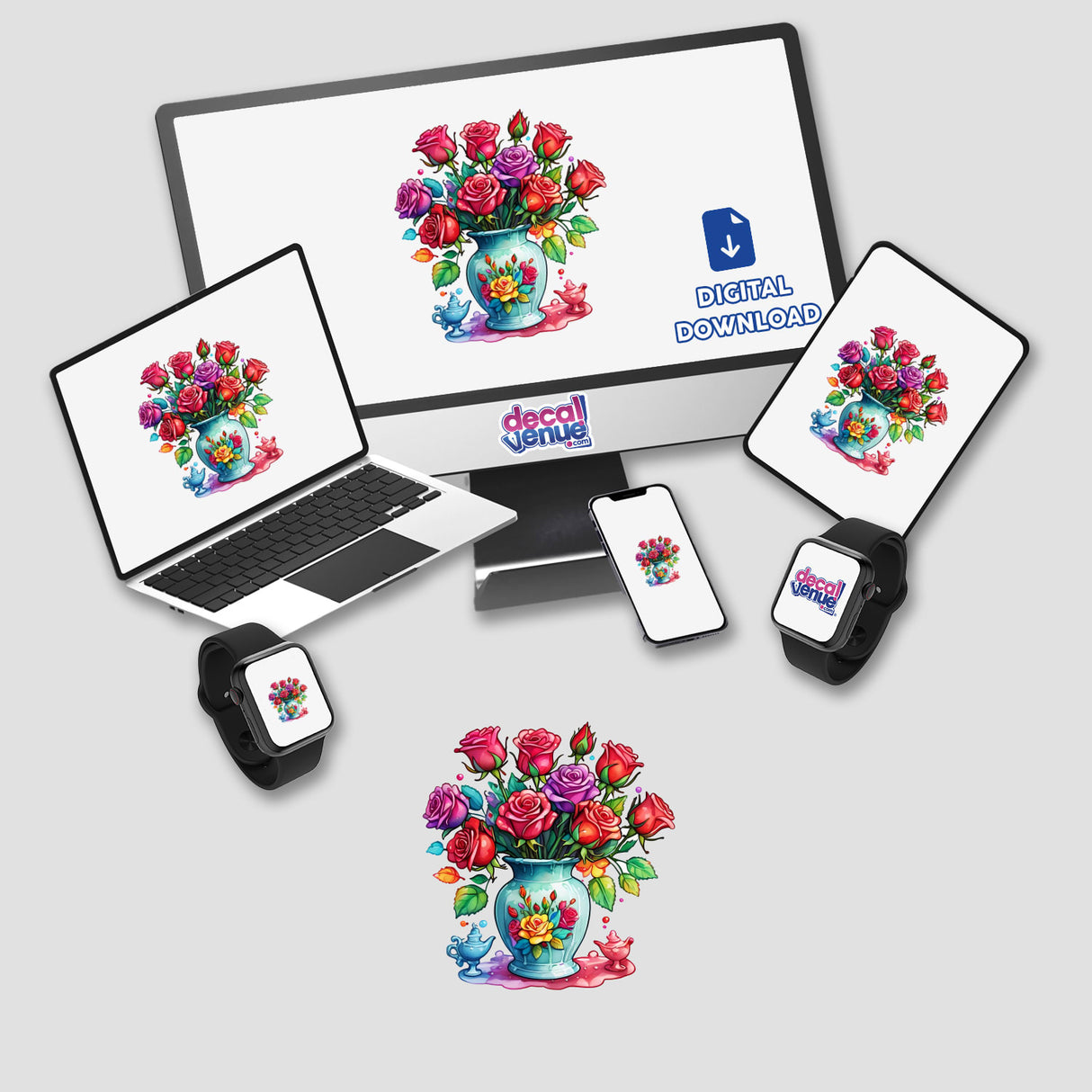 Romantic Red Roses depicted on a computer monitor and laptop, showcasing vibrant digital artwork of flowers. Available as Stickers or Digital Artwork from Decal Venue.