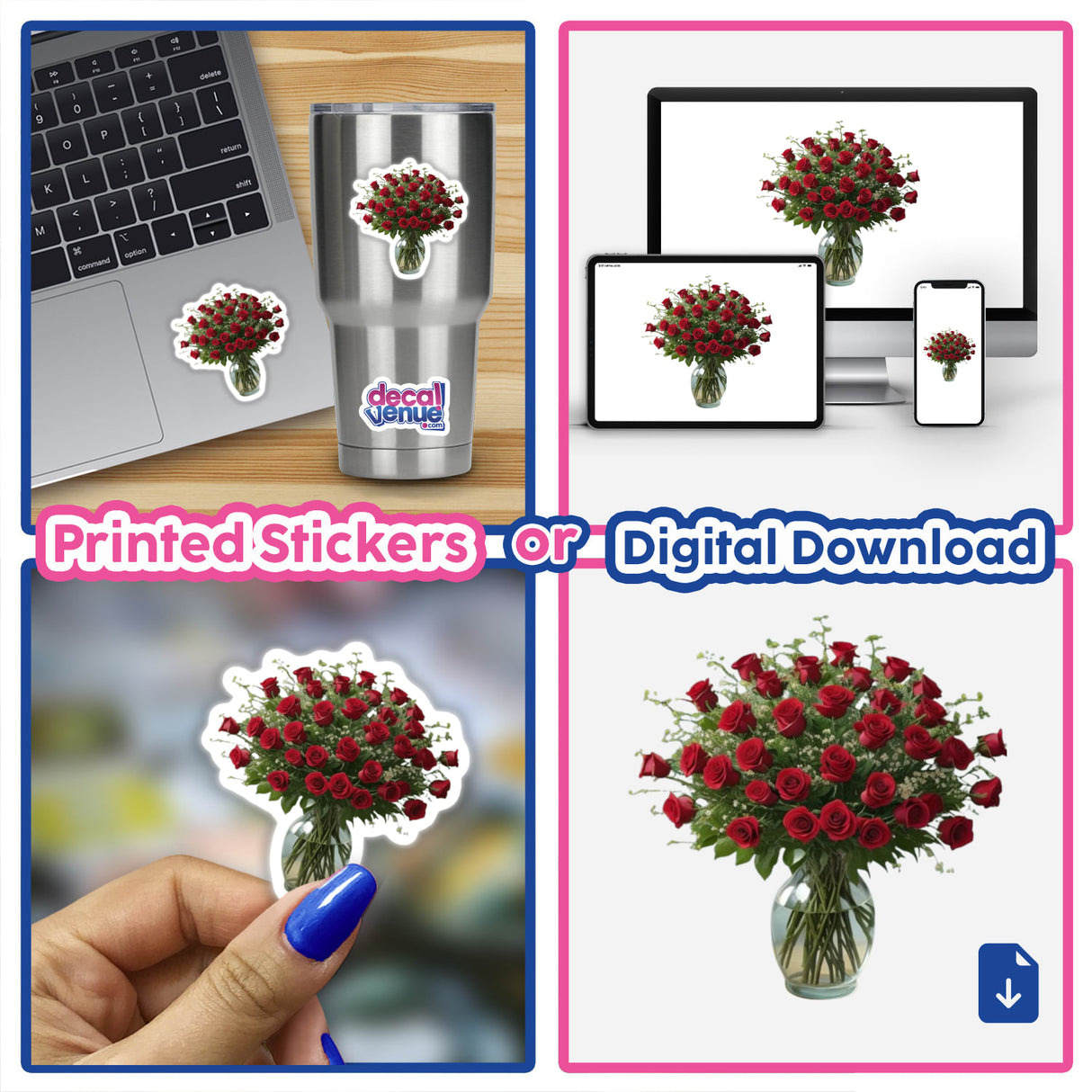 Stunning Red Roses Bouquet Clipart - Stickers or Commercial Use Download: Collage of red rose bouquets in vases and on laptops, perfect for unique stickers or digital artwork.