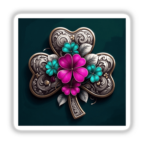 Ornate Silver Shamrock with Vibrant Floral Accents, capturing a heart-shaped metal brooch adorned with intricate four-petal flowers. Available as stickers or digital artwork from Decal Venue.