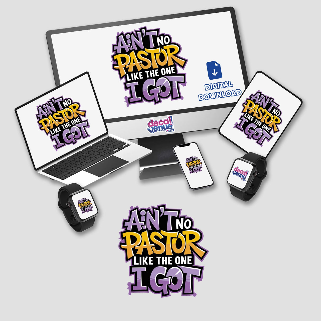 Spiritual phrase digital artwork featuring a computer monitor, laptop, and phone, available as stickers. Perfect for personalizing your tech devices with inspirational messages from Decal Venue.