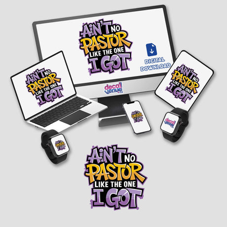 Spiritual phrase digital artwork featuring a computer monitor, laptop, and phone, available as stickers. Perfect for personalizing your tech devices with inspirational messages from Decal Venue.