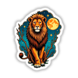 Cool Lion With A Starry Night: An illustrated lion sits on a tree branch under a starry moonlit sky, available as unique stickers or digital artwork from Decal Venue.