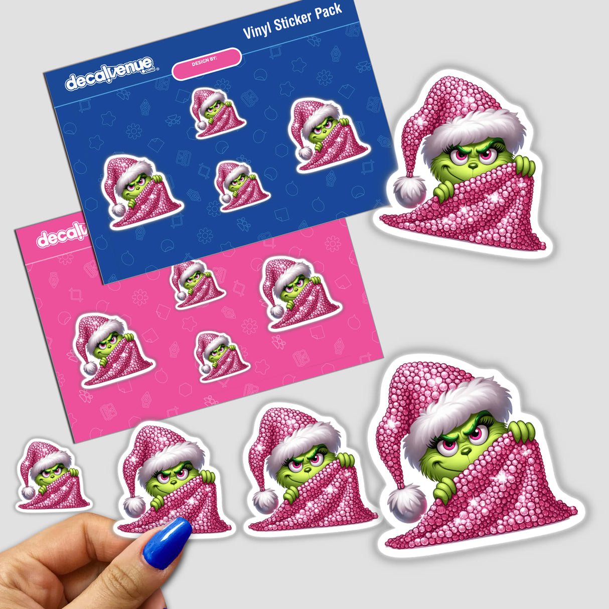 Sparkle Peeking Mean Green Santa Grouch sticker pack featuring cartoon characters, including a green monster with a hat and others holding items, available as stickers or digital artwork.