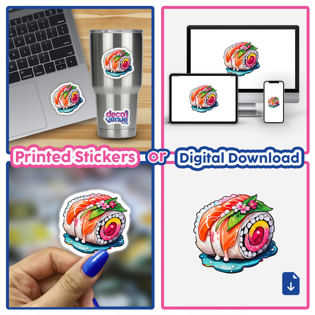 Sushi Delight: Cute Watercolor Sushi Roll Sticker featuring a charming cartoon sushi roll with fish and flowers, perfect for laptops, cups, and nails. Available as stickers or digital artwork.