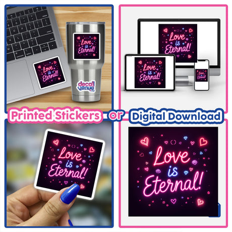 Collage featuring a laptop adorned with Love is Eternal Neon Glow Design stickers, highlighting the intricate design available as unique stickers or digital artwork from Decal Venue.