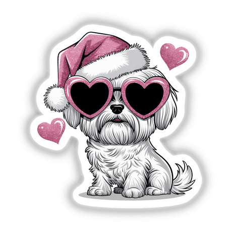 Christmas Santa Pink Glitter Maltese Dog depicted with heart-shaped sunglasses, available as stickers or digital artwork, combines whimsical charm and festive spirit, embodying Decal Venue’s unique artistic style.