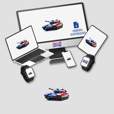 A Cool American Flag Army Tank displayed on various digital devices, showcasing its availability as unique stickers or digital artwork from Decal Venue.