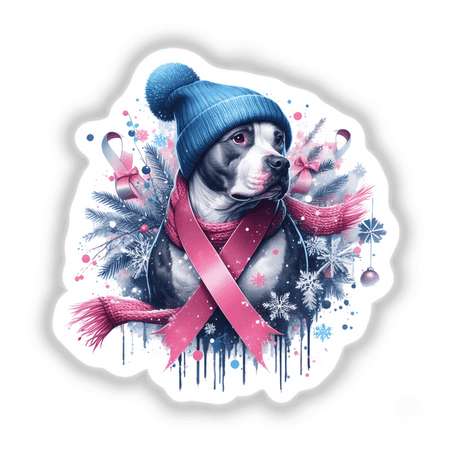 Pitbull dog wearing a hat, scarf, and a pink ribbon symbolizing breast cancer awareness, available as stickers or digital artwork from Decal Venue.