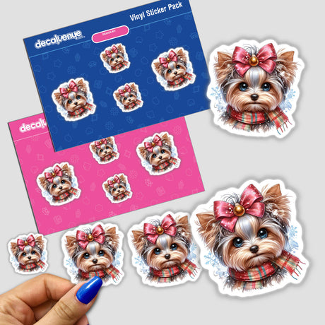 Cute Winter Yorkie Dog stickers featuring a Yorkie with a bow, ideal for decorating various surfaces. Available as physical stickers or digital artwork from Decal Venue.