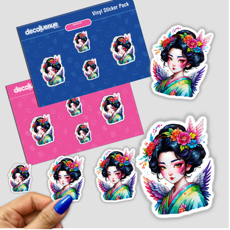 Sticker Design: Enchanting Angelic Geisha Beauty, featuring a hand holding a pack of cartoon stickers depicting a geisha with flowers in her hair.