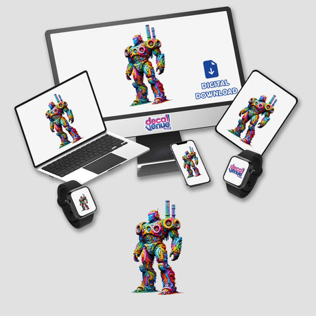 Neon Impasto Mech – Psychedelic Abstract Robot displayed on monitors and devices, showcasing vibrant digital artwork available as stickers or digital download, highlighting its dynamic design from Decal Venue.