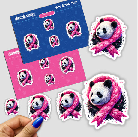 Hand holding a sticker pack featuring multiple cartoon pandas with pink scarves, titled Panda Pink Ribbon Breast Cancer, available as stickers or digital artwork from Decal Venue.