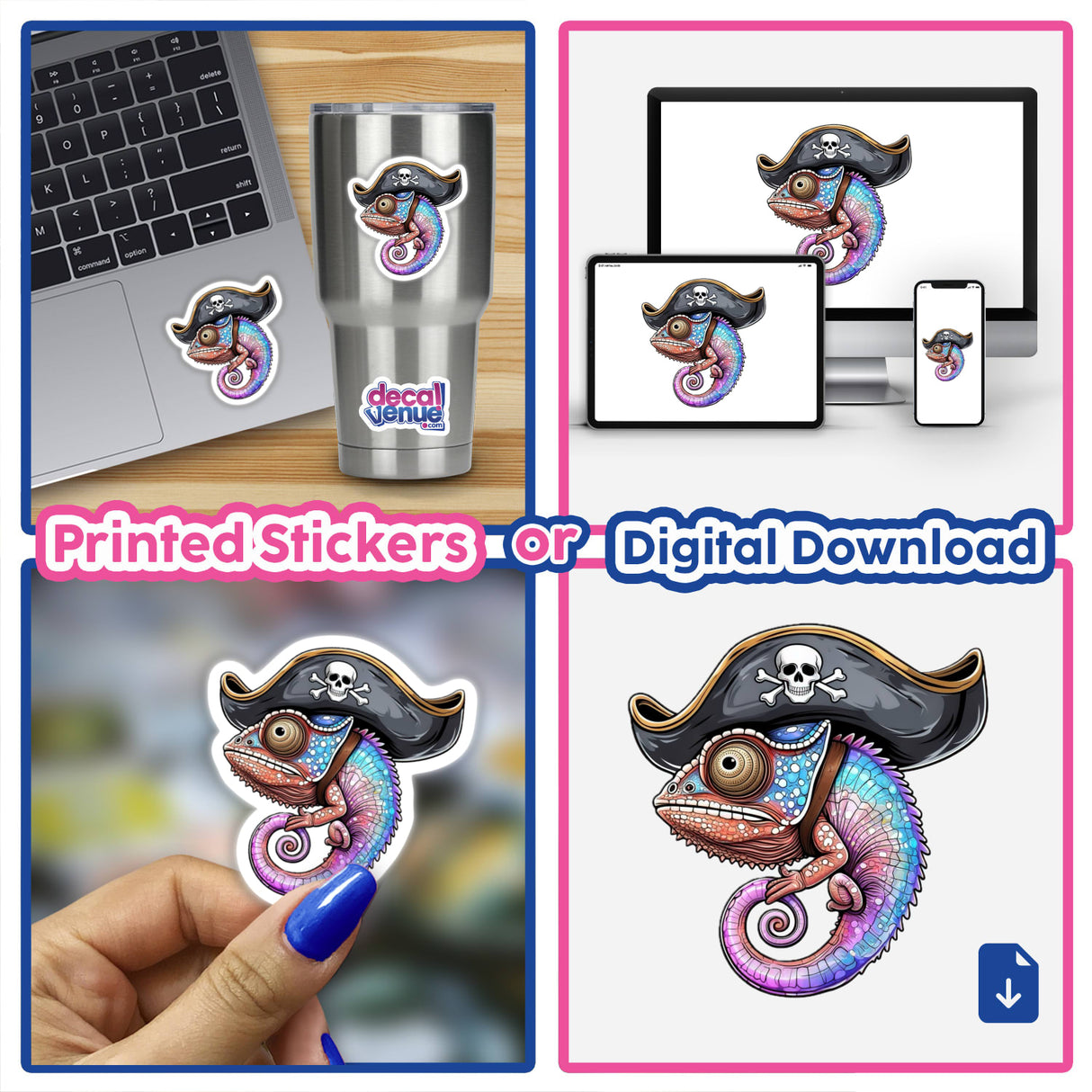 Pirate Chameleon with a Skull Hat and Colorful Scales sticker on a laptop, featuring a whimsical chameleon cartoon wearing a pirate hat. Available as vinyl stickers or digital artwork from Decal Venue.