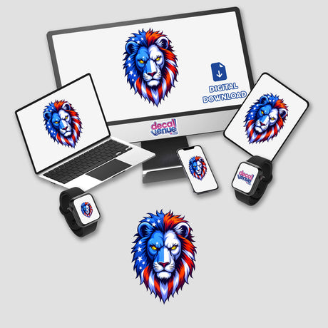 A Cool American Flag Lion displayed on various devices, including a monitor, laptop, tablet, and smartwatch, available as stickers or digital artwork from Decal Venue.