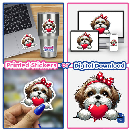 Peeking Shih Tzu Dog with Heart: A charming sticker featuring a cartoon Shih Tzu holding a heart, perfect for laptops or cups, available as vinyl stickers or digital artwork.