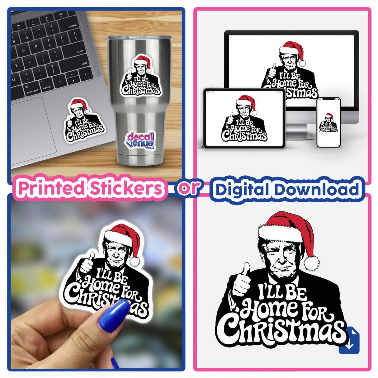 Trump in Santa Hat, I'll be home for Christmas MAGA V sticker, featuring a cartoon of a man in a Santa hat giving a thumbs up, suitable for laptops or digital artwork.