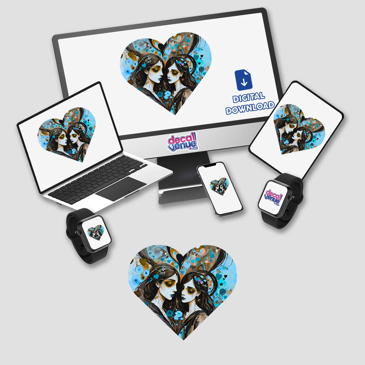 Lovely Couple in Heart Shape depicted on a computer monitor and laptop, showcasing digital artwork available as stickers from Decal Venue.