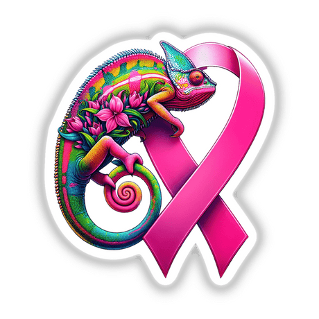 Chameleon Pink Ribbon Breast Cancer Awareness sticker or digital artwork featuring a cartoon chameleon adorned with flowers on a pink ribbon, emphasizing support and awareness creatively.