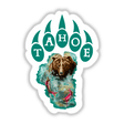 Tahoe Bear Print featuring a bear with fish and paw prints, available as stickers or digital artwork from Decal Venue, highlighting unique illustrations.