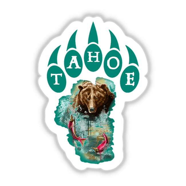 Tahoe Bear Print featuring a bear with fish and paw prints, available as stickers or digital artwork from Decal Venue, highlighting unique illustrations.