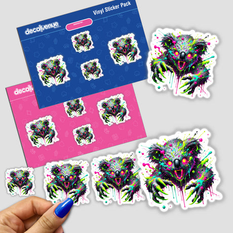 Psychedelic Drop Bear Cryptid sticker pack features koalas with neon paint splatters, blending Australian horror with unique design. Perfect for fans of quirky digital artwork or stickers.