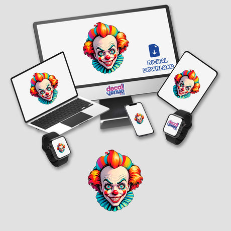 A Crazy Clown Girl depicted on a computer monitor and laptop screen, available as stickers or digital artwork from Decal Venue, showcasing unique designs in digital art and decals.