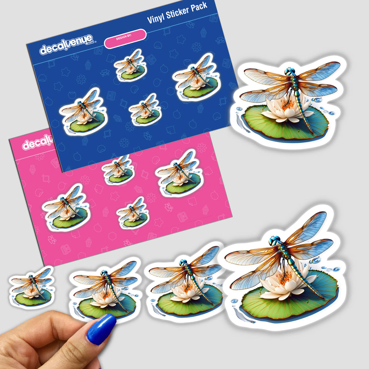 Digital artwork featuring colorful, detailed dragonflies perched on lily pads against a textured background. The stickers appear to be part of a vinyl sticker pack offered by the Decal Venue online store, which specializes in unique stickers and digital art creations.