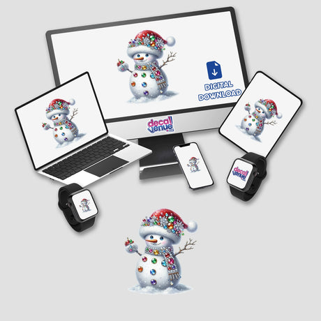 Jeweled Snowman in Santa Hat displayed on a laptop screen, surrounded by gadgets. Available as stickers or digital artwork from Decal Venue, known for unique stickers and digital art.