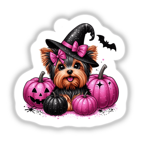 Cute Halloween Yorkie Dog with Glitter Pumpkins II - Adorable digital artwork featuring a Yorkshire Terrier dog wearing a witch hat and bow, surrounded by colorful pumpkins in a festive Halloween scene.