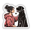 Cartoon illustration titled Lady Loves Her Rottweiler Dog, depicting a woman affectionately embracing her black dog with a pink towel, available as stickers and digital artwork.