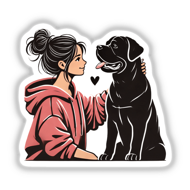 Cartoon illustration titled Lady Loves Her Rottweiler Dog, depicting a woman affectionately embracing her black dog with a pink towel, available as stickers and digital artwork.