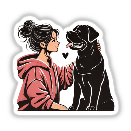 Cartoon illustration titled Lady Loves Her Rottweiler Dog, depicting a woman affectionately embracing her black dog with a pink towel, available as stickers and digital artwork.