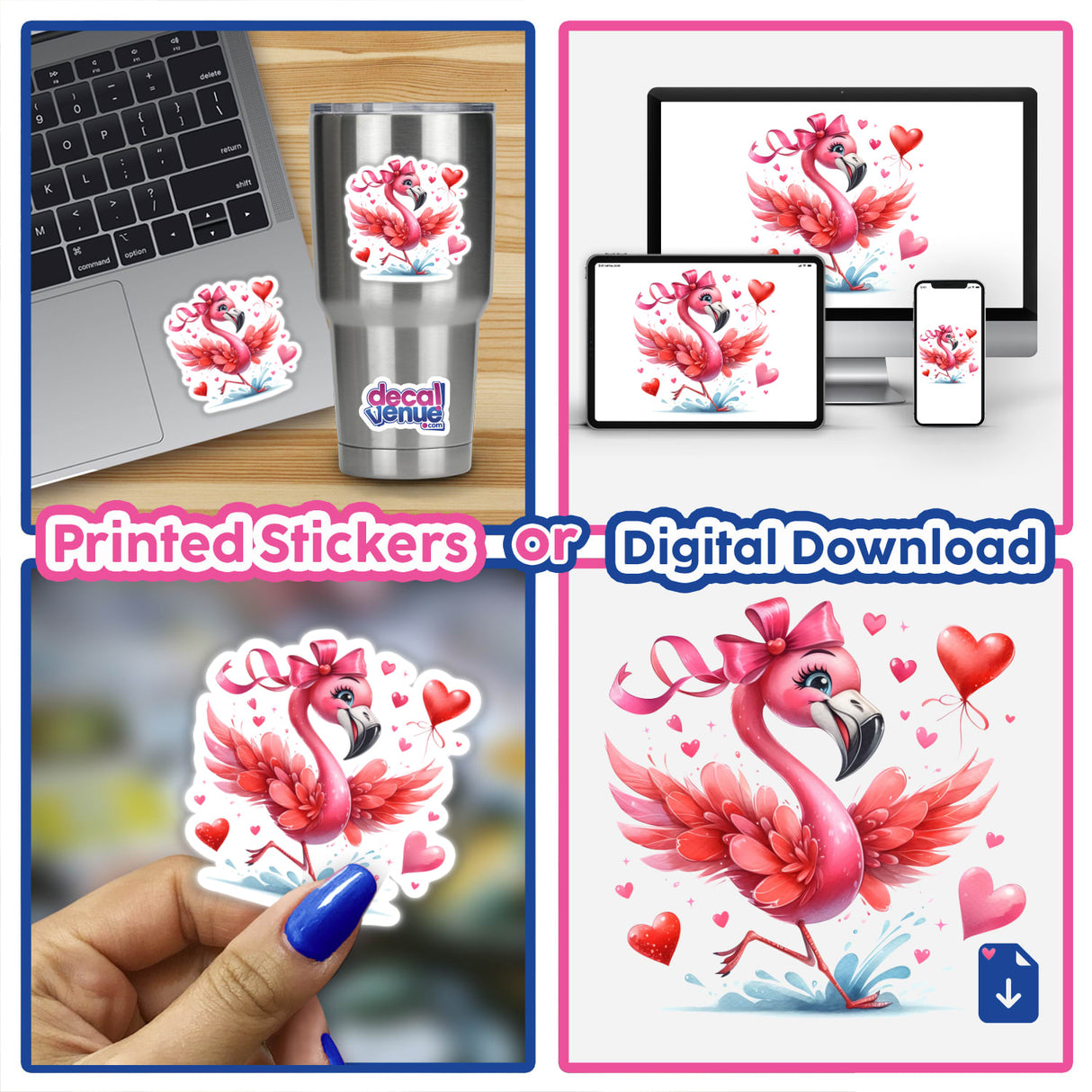 Fluttering in Love Pink Flamingo stickers and digital artwork collage, featuring hand-held and computer-displayed images, showcasing the playful flamingo design ideal for unique vinyl decor from Decal Venue.