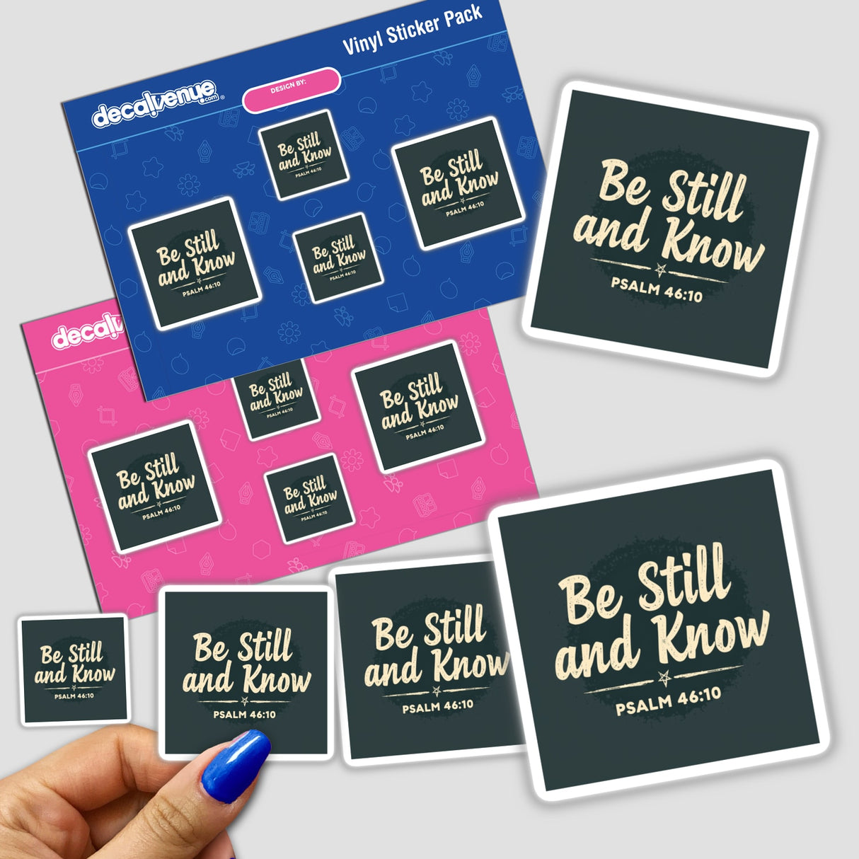 Hand holding the Be Still and Know – Inspired by Psalm 46:10 sticker pack, showcasing uplifting Christian affirmation decals, available as stickers or digital artwork with commercial rights.