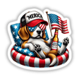 Beagle Dog American Flag Float Merica design featuring a beagle lounging on a float with a flag and beer. Ideal July 4th decor, available as stickers and digital downloads.