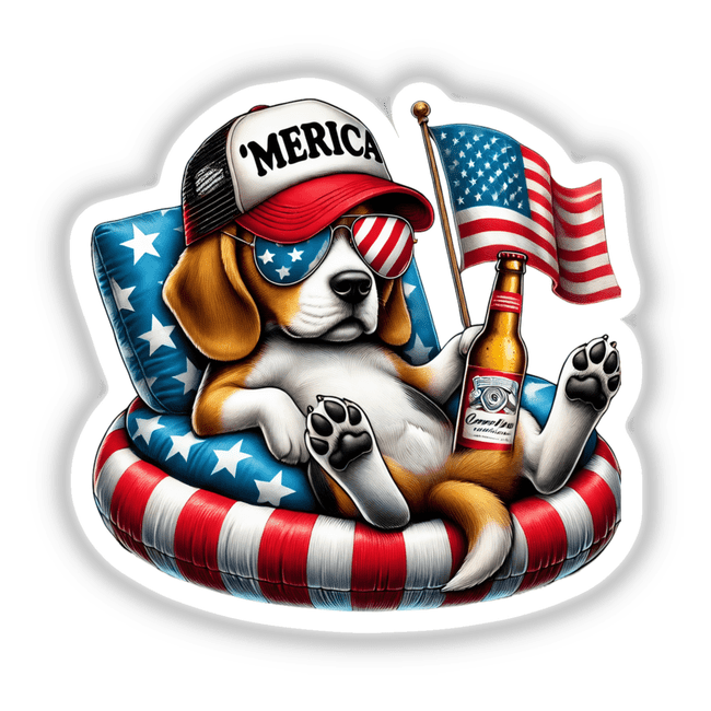 Beagle Dog American Flag Float Merica design featuring a beagle lounging on a float with a flag and beer. Ideal July 4th decor, available as stickers and digital downloads.