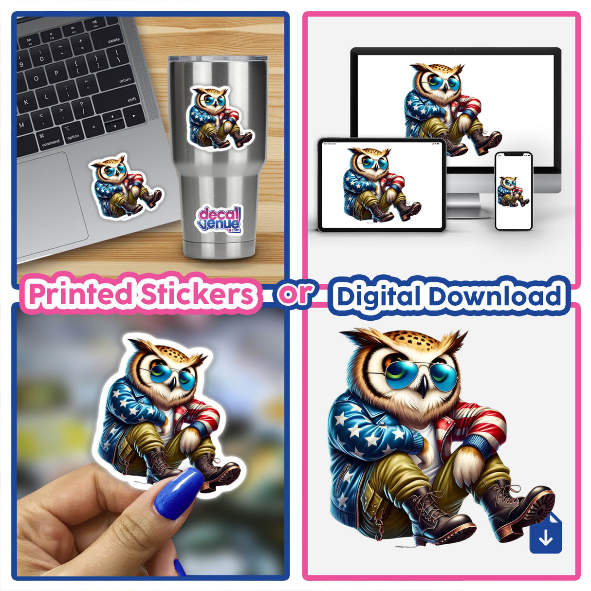 Patriotic leather owl aviator sunglasses, a digital artwork sticker by DecalVenue for expressing unique style.