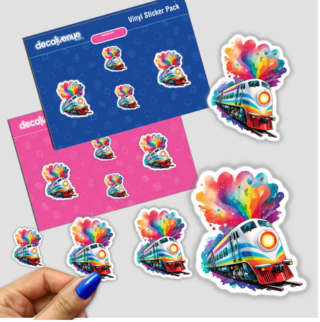 Galactic Train Sticker | Dreamy Futuristic Design for Any Surface: A hand holds a sticker pack featuring a colorful cartoon train with rainbow accents.