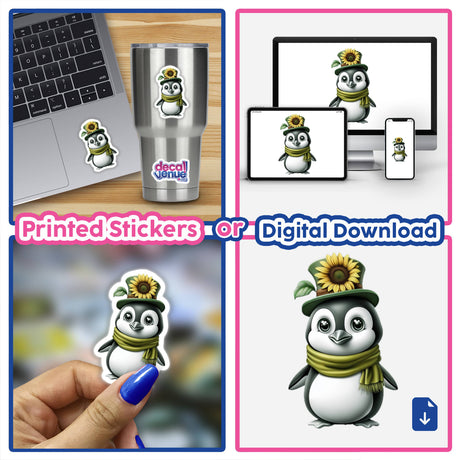 Collage featuring Penguin with Sunflower Hat and Green Scarf, available as stickers or digital artwork, shown on a laptop and other surfaces, embodying Decal Venue's unique vinyl sticker collection.