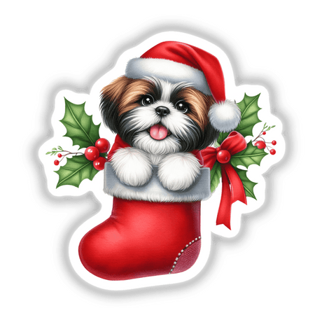 Peeking Santa Shih Tzu Dog in Christmas Stocking, a whimsical sticker or digital artwork featuring a cartoon-style Shih Tzu wearing a Santa hat, ideal for festive decor from Decal Venue.