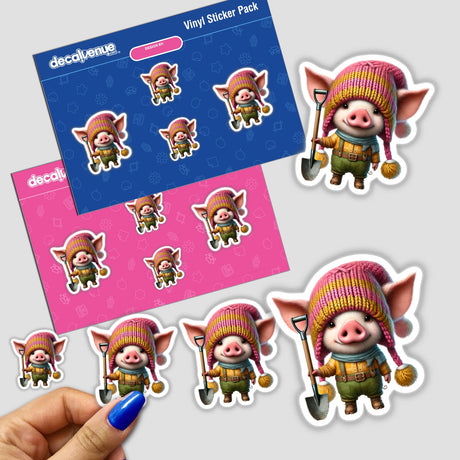 Cute digital artwork of pig gnome characters with shovels in a vinyl sticker pack, displayed on a graphic Decal Venue product background.