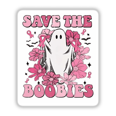 Gold Breast Cancer Series 2: A white ghost adorned with pink flowers and bats, available as stickers or digital artwork.