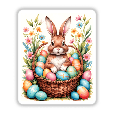 A Cute Easter Bunny in a Basket with Eggs, featuring a rabbit nestled among colorful eggs, available as stickers or digital artwork from Decal Venue.